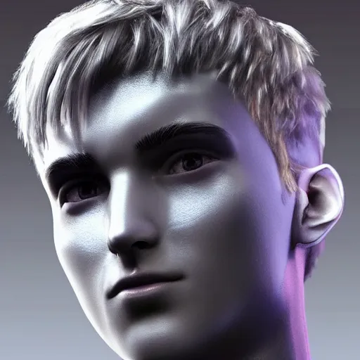 Image similar to “a realistic detailed photo of a guy who is an attractive humanoid who is half robot and half humanoid, who is a male android, twitch streamer Ninja Tyler Blevins, shiny skin, posing like a statue, blank stare”