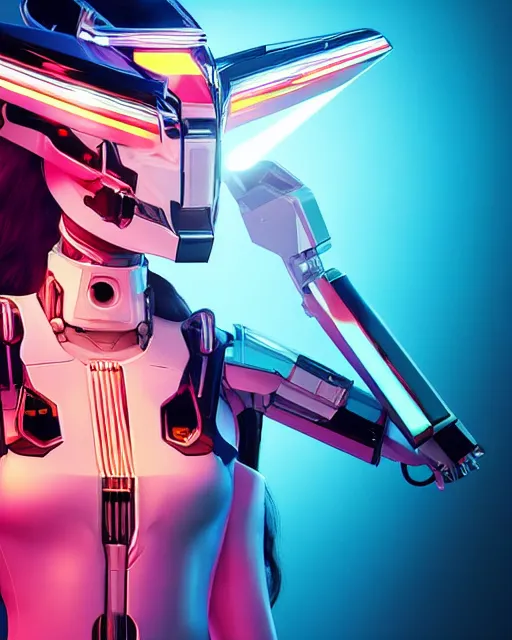 Image similar to centered medium shot fine studio photograph of a young woman wearing only a synthwave mecha Mayan helmet with bright lights, designed by Efrain Recinos, ultra-realistic, white background, 8k HDR, intricate