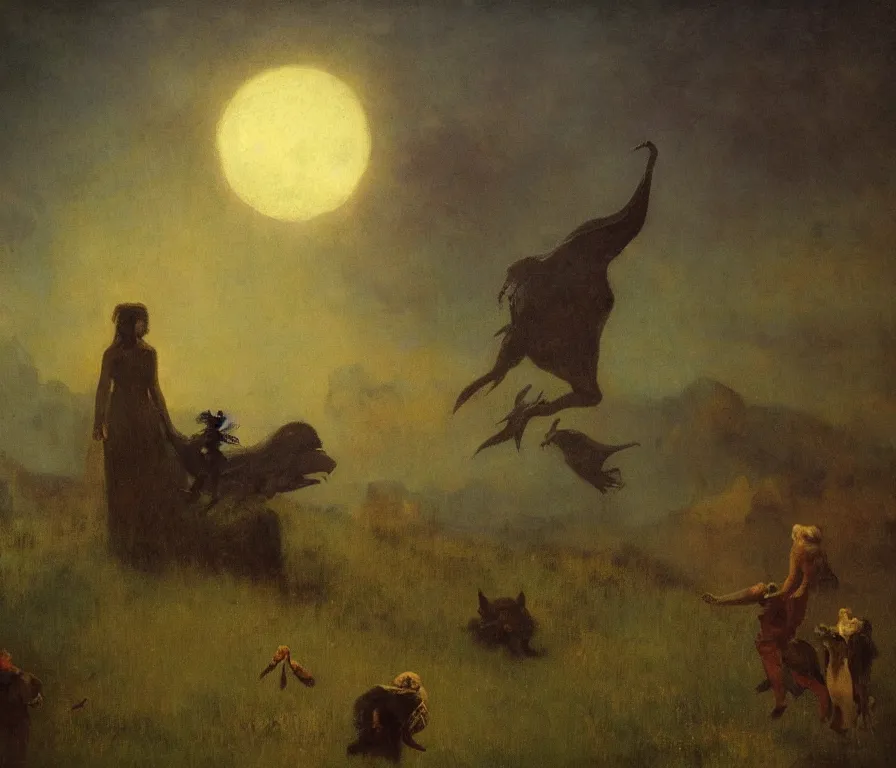 Prompt: dramatic lighting romantic painting titled'mama here comes midnight with the dead moon in its jaws ', magical realism symbolist, full landscape with hybrid animal figures, painted by arnold bocklin and odilon redon and max ernst, shocking detail trending on artstation 8 k