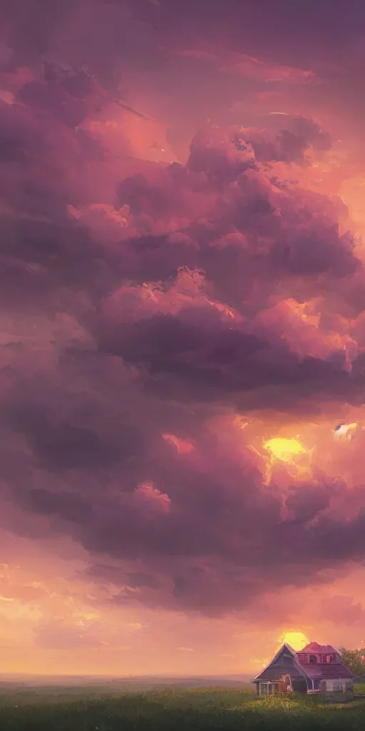 Prompt: a pink house in the sky, clouds, sunset, greg rutkowski, zabrocki, karlkka, jayison devadas, trending on artstation, 8 k, ultra wide angle, zenith view, pincushion lens effect