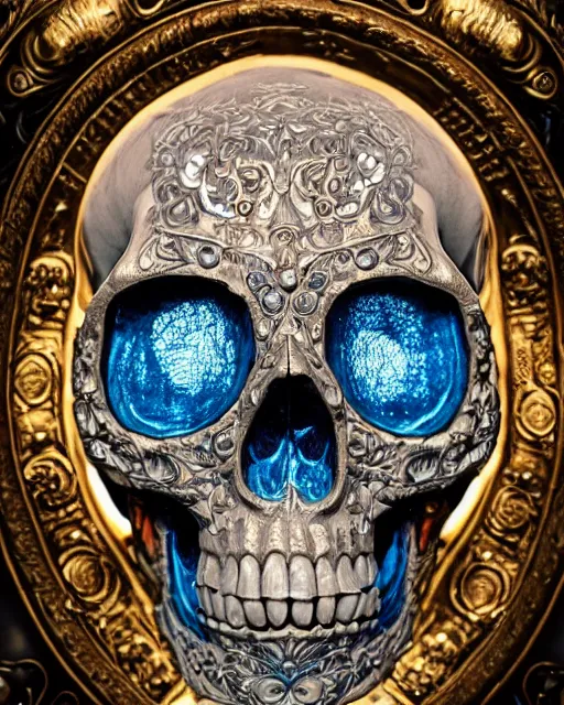 Prompt: close up portrait of humanoid gritty white skull partially infused with bronze mucha carving and adorned with blue gems, high art, detailed intricate hires textures dramatic cinematic lighting symmetrical