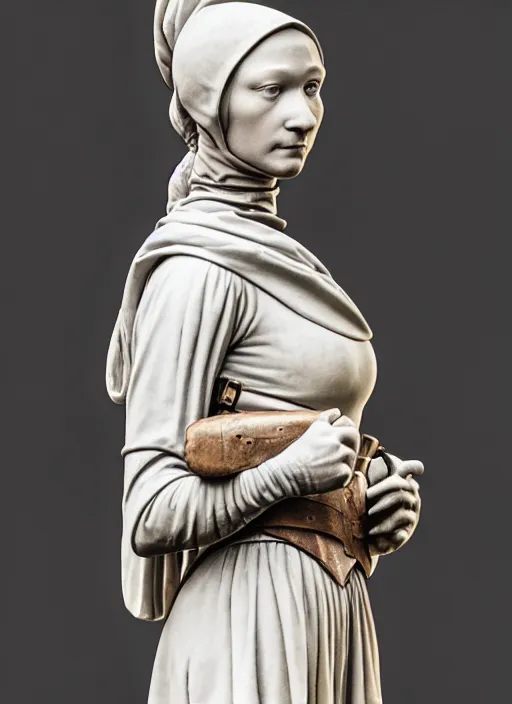 Prompt: a medieval female soldier, elegant, filigree renaissance sculpture from marble, brilliant symmetry, created by verrocchio andrea, leonardo da vinci, sandro botticelli, raffaelle monti, epic 7 0 mm lens shot, artstation trending, photorealism, sharp focus, smooth, establishing shot, sense of awe