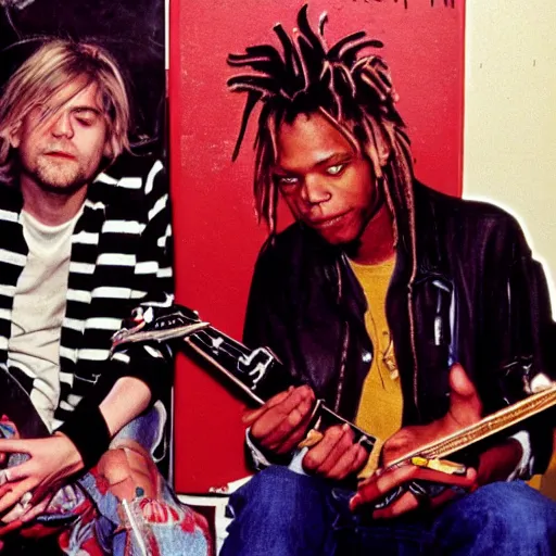 Prompt: photo of kurt cobain and basquiat in the studio, photorealistic
