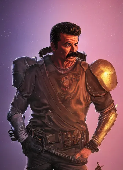 Image similar to A fantasy comic book style portrait painting of Magnum P.I as a paladin in a atmospheric dark fortress, unreal 5, DAZ, hyperrealistic, octane render, RPG portrait, ambient light, dynamic lighting