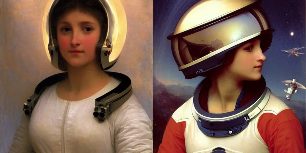 Prompt: asthetic! astronaut with helmet medium shot portrait female beautifu in spaceship, by William-Adolphe Bouguereau.