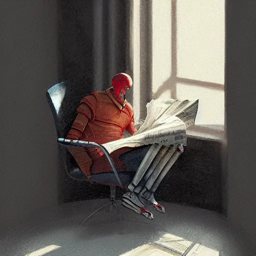 Image similar to robot reading the newspaper in his armchair in the background books near a window by Greg rutkowski, Trending artstation