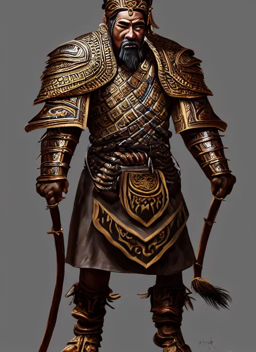 Image similar to tai warlord, portrait, pose as king ramkhaheang monument, historical, ethnic group, traditional tai costume, bronze headset, leather shoulder armor, fantasy, intricate, with leather armor cross onbare chest, elegant, loin cloth, highly detailed, oill painting, artstation, concept art, matte, sharp focus, illustration, hearthstone, art by earl norem