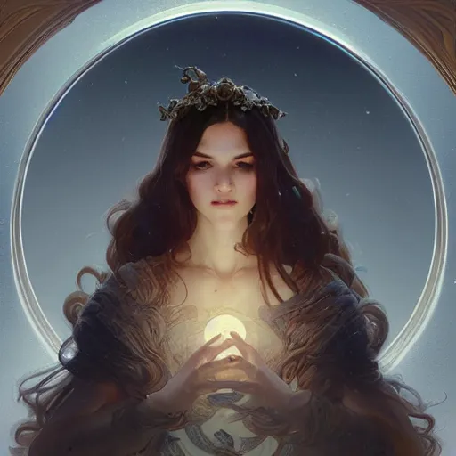 Image similar to Portrait of a moon, intricate, elegant, highly detailed, digital painting, artstation, concept art, smooth, sharp focus, illustration, art by artgerm and greg rutkowski and alphonse mucha