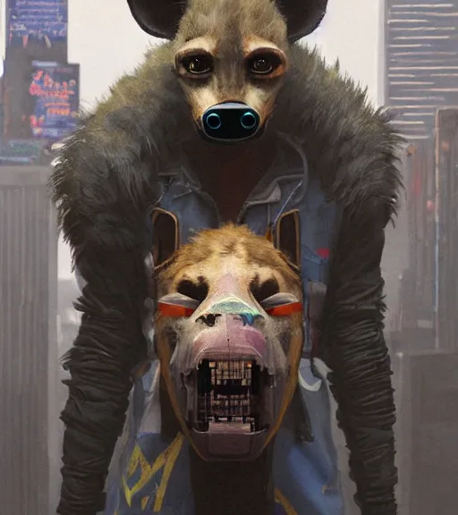 Image similar to new york city portrait of furry anthro anthropomorphic spotted hyena head animal person fursona wearing clothes strange cybernetic muzzle gloomy rainy screenshot from the video game cyberpunk 2077 digital art by Greg Rutkowski, Simon Stalenhag, christopher nolan trending on Artstation, CGSociety