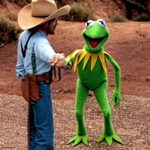 Prompt: kermit the frog in brokeback mountain, movie, photography,