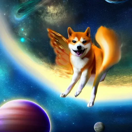 Image similar to winged shiba in space, wonderful planets, digital art, 4 k, realistic, vivid colors