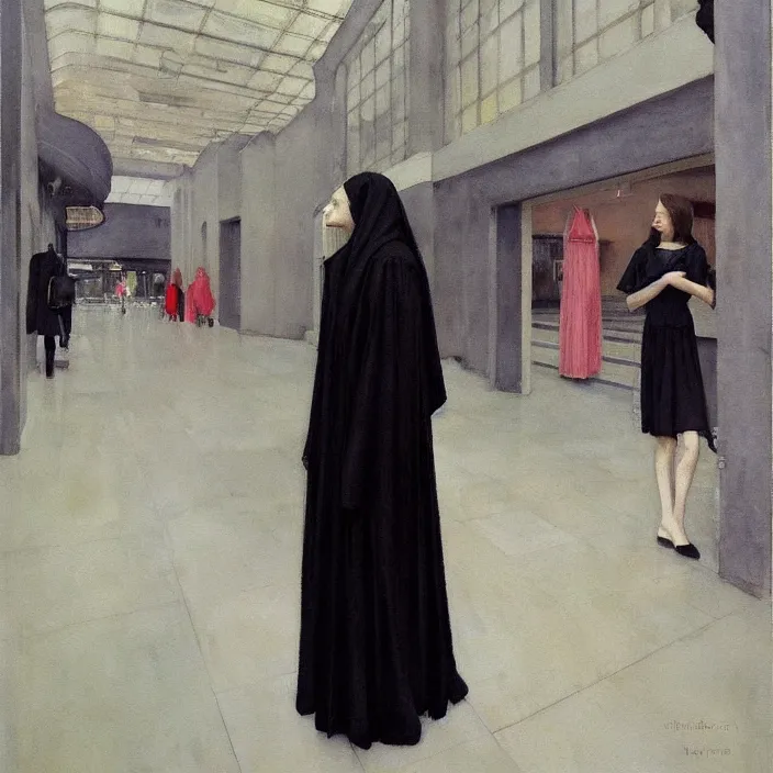 Prompt: woman in black robes, short skirt, in magnificent shopping mall, artstation, watercolor painting, art by edward hopper, zdislav beksinski, wayne barlowe, edward hopper