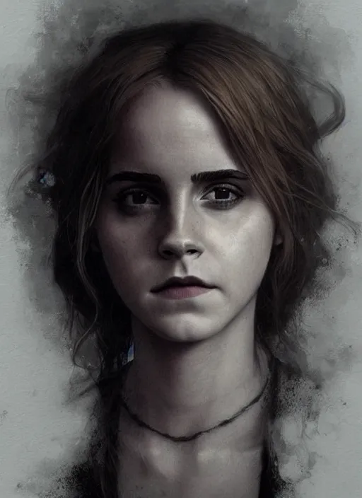 Image similar to emma watson as hermione granger. dark colors. menacing. haunting. frightening. trending on artstation. award winning. artgem. greg rutkowski. beksinski. extremely detailed. 4 k.