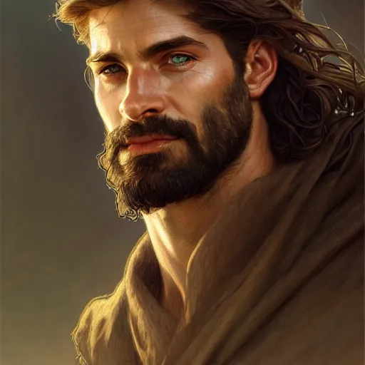 Image similar to Portrait of rugged male ranger, D&D, amber eyes, face, long hair, muscular, fantasy, intricate, elegant, highly detailed, digital painting, artstation, concept art, smooth, sharp focus, illustration, art by artgerm and greg rutkowski and alphonse mucha