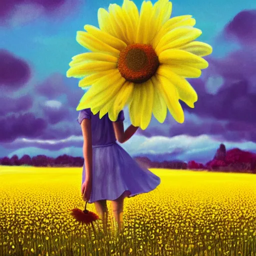 Image similar to giant daisy flower as face, full body, girl walking in a flower field, surreal photography, sunrise dramatic light, impressionist painting, colorful clouds, digital painting, artstation, simon stalenhag, flower face