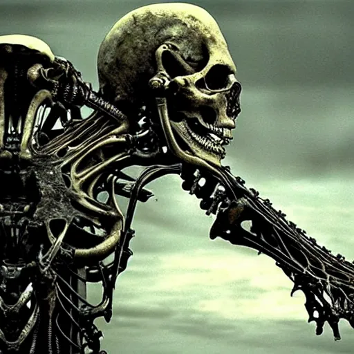 Image similar to biomechanical bone cyborg still frame from Prometheus movie by giger by Malczewski, undead king knight