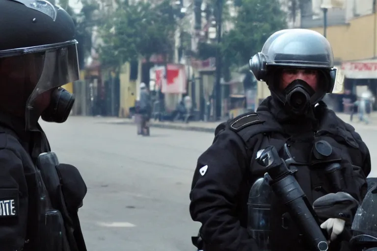 Image similar to cinematography riot police on the street in small town by Emmanuel Lubezki