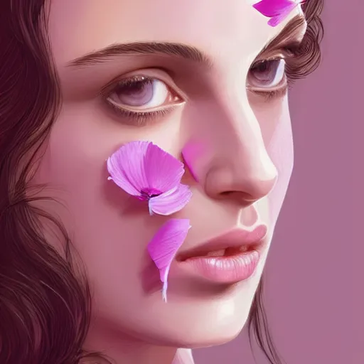 Image similar to the professional, pink petals with a a bored natalie portman mixed with mona lisa, intricate, elegant, highly detailed, wonderful eyes, sweet, digital painting, artstation, concept art, smooth, sharp focus, illustration, art by artgerm and greg rutkowski and concept art, rectilinear vaporwave