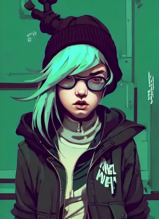 Prompt: highly detailed portrait of a sewer punk lady student, blue eyes, tartan hoody, black hair by atey ghailan, by greg rutkowski, by greg tocchini, by james gilleard, by joe fenton, by kaethe butcher, gradient green, black, brown and magenta color scheme, grunge aesthetic!!! ( ( graffiti tag wall background ) )