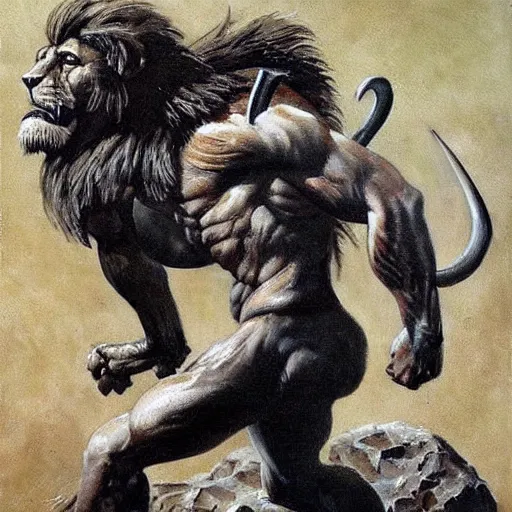 Image similar to muscular lion as barbarian hunter full body ,human legs ,very textured detailed oil painting by Frank Frazetta