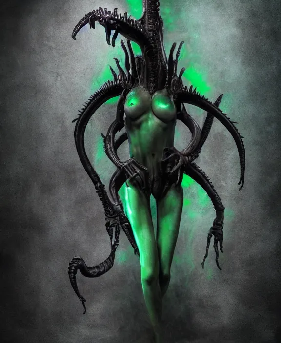 Image similar to xenomorph queen goth model hybrid, dragon eggs, dark emerald mist colors, giger background liminal void, cinematic lighting, realistic, award winning photograph, various refining methods, micro macro autofocus