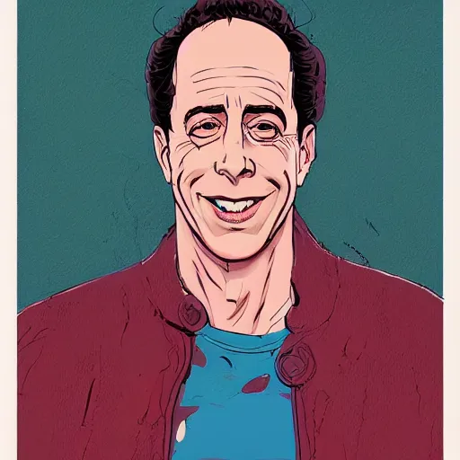 Prompt: a study of cell shaded portrait of jerry seinfeld looking happy concept art, llustration, post grunge, concept art by josan gonzales and wlop, by james jean, Victo ngai, David Rubín, Mike Mignola, Laurie Greasley, highly detailed, sharp focus, alien, Trending on Artstation, HQ, deviantart, art by artgem