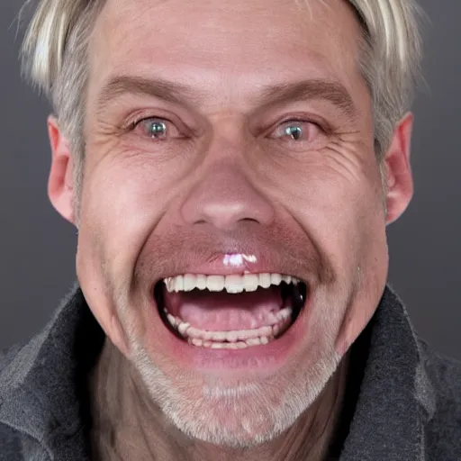 Prompt: a man in his late 40s with a narrow face, haggard long gray blond hair and a psychopathic smile, realistic studio photo