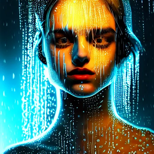 Image similar to bright asthetic portrait LSD glowing backlit rain on face and wet hair in strands, overhead lighting, fantasy, intricate, elegant, dramatic lighting, highly detailed, lifelike, photorealistic, digital painting, artstation, illustration, concept art, smooth, sharp focus, art by John Collier and Albert Aublet and Krenz Cushart and Artem Demura and Alphonse Mucha