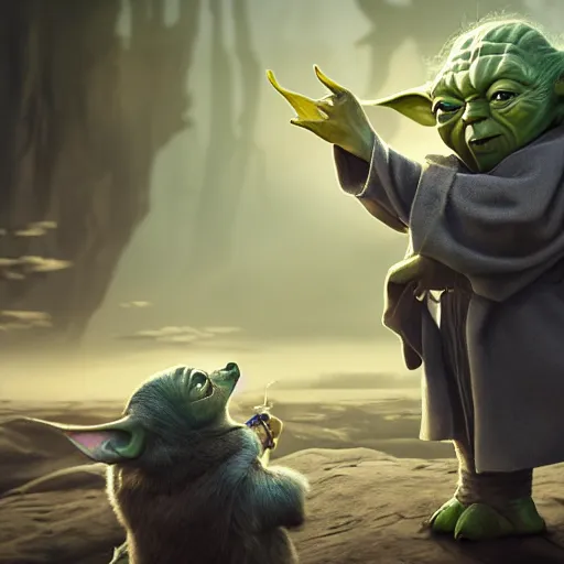 Image similar to master yoda yelling at his guilty dog, digital art, trending on art station, high quality, uhd 8 k, beautiful, golden hour, intricate detail, high gradient, raytracing, dynamic lighting, sharp focus