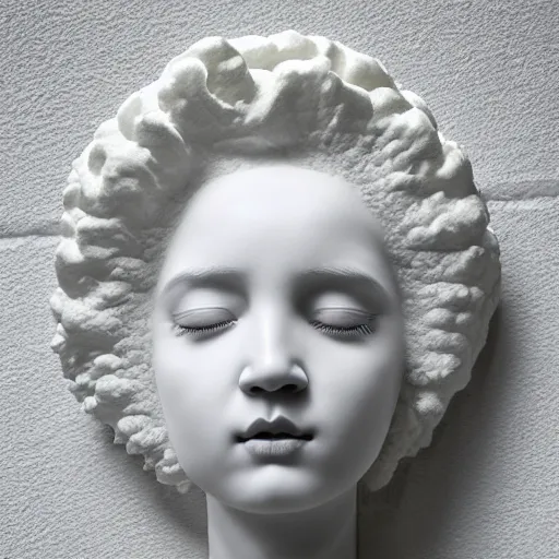 Prompt: full head and shoulders, beautiful female porcelain sculpture by daniel arsham and raoul marks, smooth matte skin, all white features on a white background, delicate facial features, white eyes, white lashes, gold liquid dripping from eyes