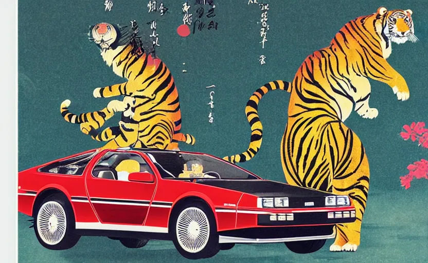 Image similar to a red delorean and a yellow tiger, colourful magazine collage, art by hsiao - ron cheng and utagawa kunisada