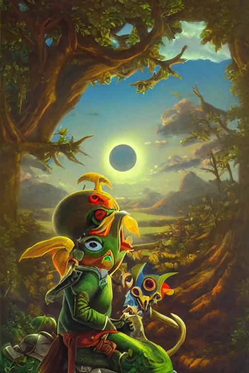 Prompt: asher brown durand oil painting on canvas hyrule skullkid in majoras mask with the moon in the sky