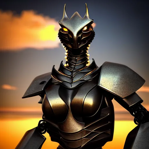 Image similar to chest up bust shot, realistic detailed stunning beautiful armored anthropomorphic humanoid female robot dragon, looking to the side, smooth and streamlined armor and design made of steel, sharp claws and sharp teeth, Slick LEDs, standing on two legs, on the beach during sunset, high quality, cinematic art, sunset lighting, 3D render, 8k, artstation, deviantart, furaffinity