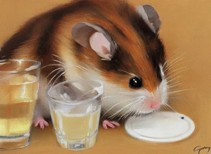 Image similar to a highly detailed beautiful portrait of a cute hamster drinking beer, by gregory manchess, james gurney, james jean