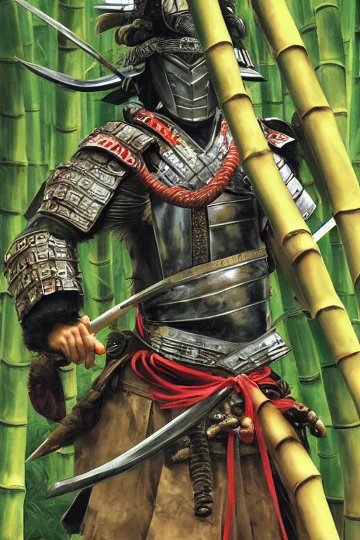 Image similar to close up of samurai warrior in full armor, in a bamboo forest, by huang guangjian and gil elvgren, sachin teng, greg manchess