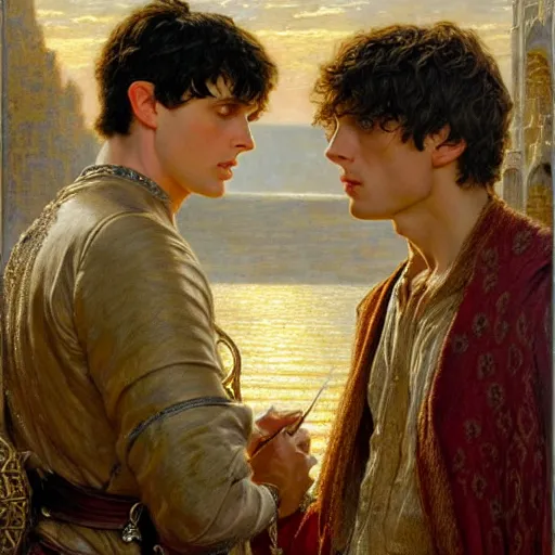 Image similar to arthur pendragon and merlin. focus on their faces. natural lighting. highly detailed painting by by gaston bussiere, donato giancola, j. c. leyendecker 8 k
