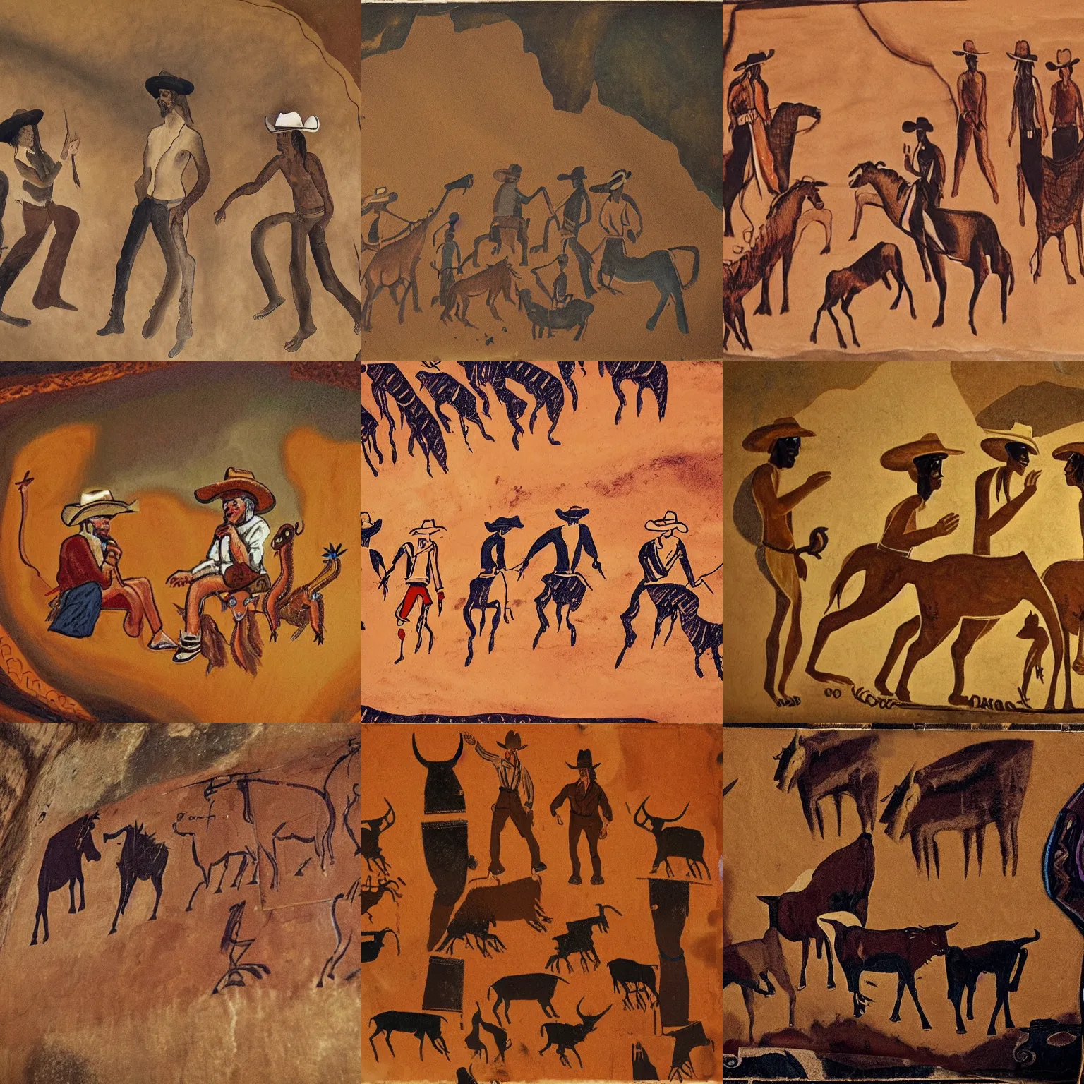 Prompt: cave painting of primitive people wearing cowboy hats selling snake oil and igniting the golden bull run