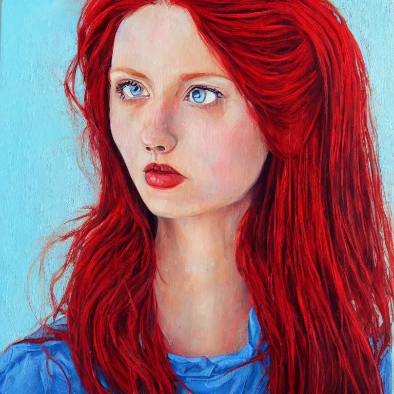 Prompt: front portrait of a red-haired girl. Intricately detailed acrylic painting