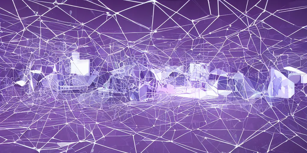 Prompt: Exhibiton with guests and digital terminals from an artificial intelligence with several geometric shapes with white and purple contours. Realistic Concept Art photography