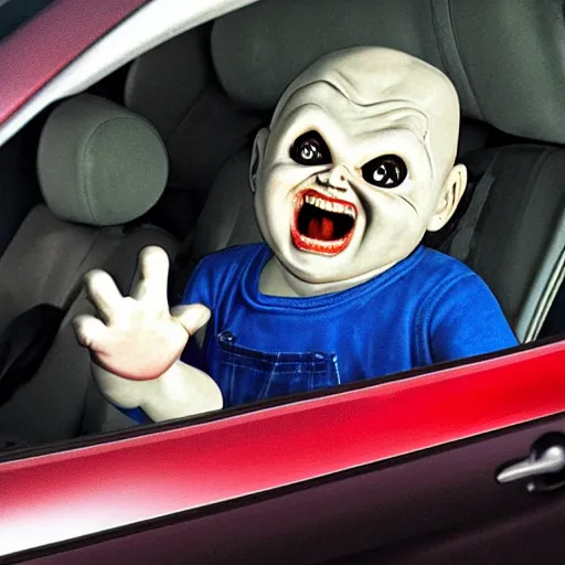 Image similar to screaming chucky stuck in traffic