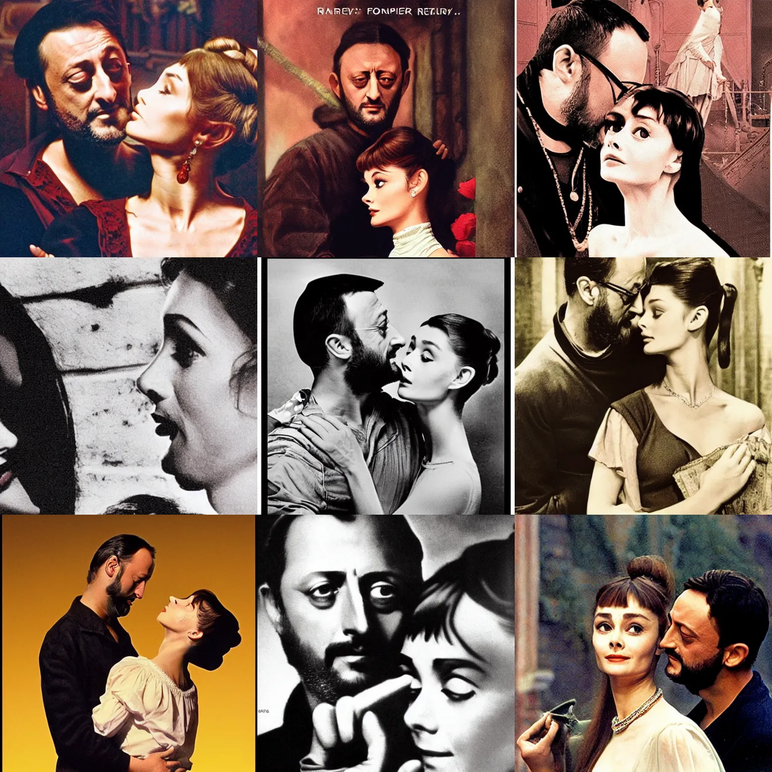 Prompt: Historical Romeo (Jean Reno) and Juliet (Audrey Hepburn), are looking at each other romantically. romantic, tragic, restrained, lumnious, smooth, sharp focus, 18th theater poster by rank Dicksee, Alfred Elmore, Mather Brown