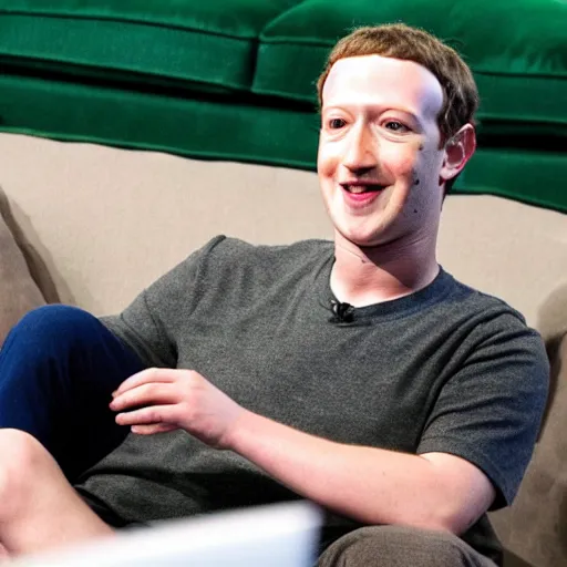 Image similar to mark zuckerberg sitting on a green sofa showing off a ziplock full of weed, blurry, low res