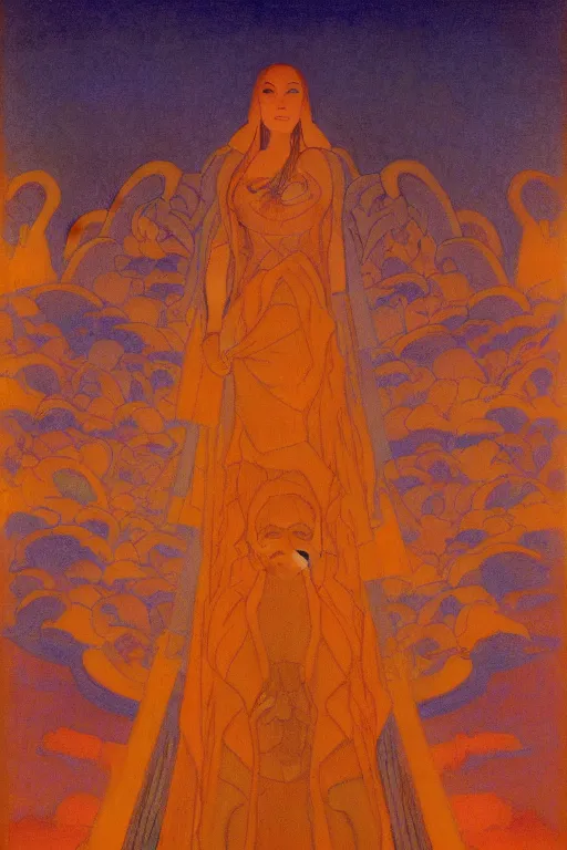 Prompt: queen of the sunset sea, by Nicholas Roerich and jean delville and Maxfield Parrish, dramatic cinematic lighting , ornate headdress , lost civilizations, extremely detailed