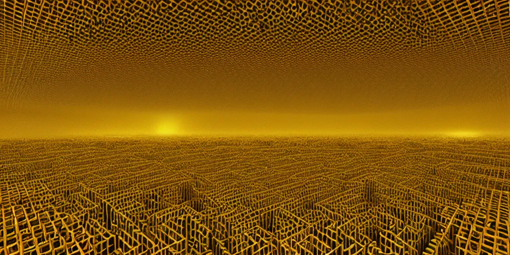 Image similar to deep twisting communal hive maze of yellow tubes and warm light, award winning art, epic dreamlike fantasy landscape, art print, science fiction, ultra realistic,