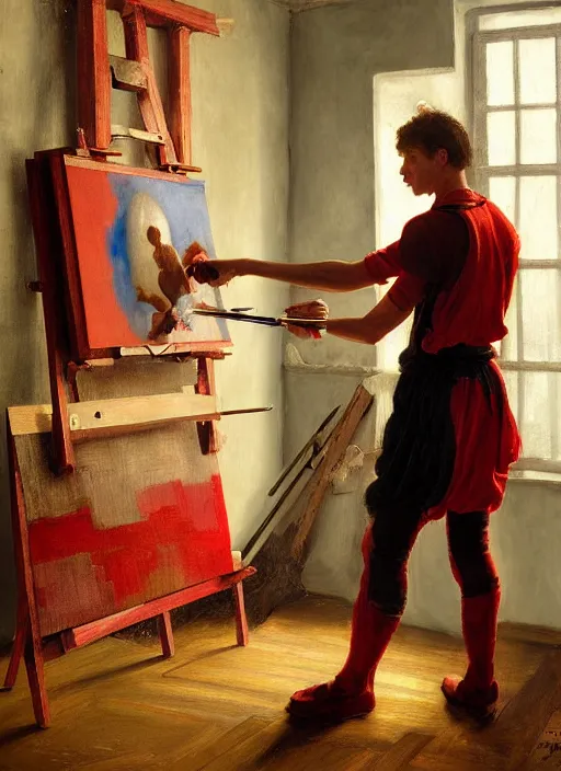 Prompt: a young painter in his studio painting a picture of a red pokemon, by edgar maxence and caravaggio and michael whelan and delacroix style, artistic, intricate drawing, cinematic lighting, hyper realistic, extremely detailed, establishing shot, 8 k resolution, dramatic lighting