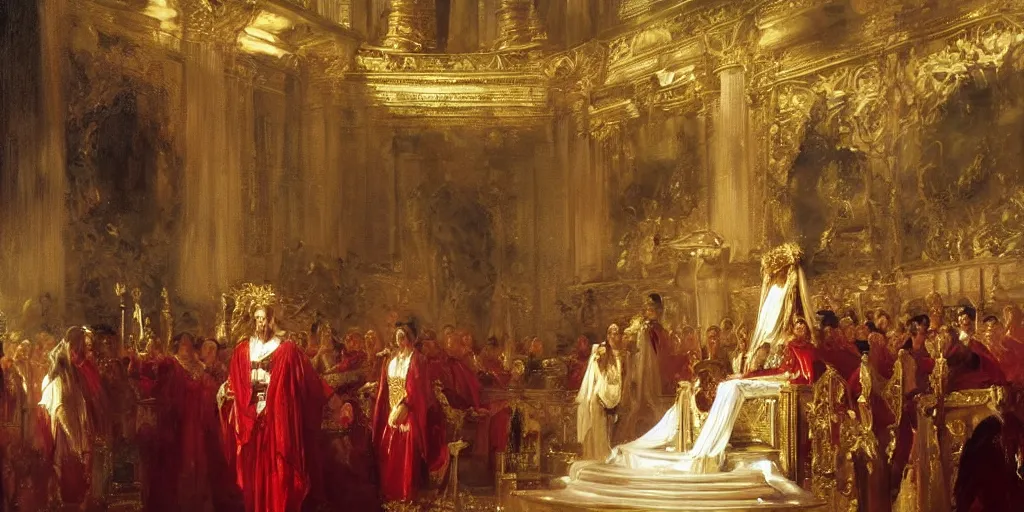 Image similar to beautiful oil painting, steve buscemi in royal crimson robes enthroned as the god emperor of ancient rome surrounded by servants in gilded halls a golden wreath upon his head, by anders zorn, wonderful masterpiece by greg rutkowski, beautiful cinematic light, american romanticism, by thomas lawrence, greg rutkowski