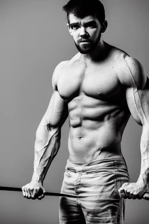 Image similar to 📷 Sean McLoughlin, jacksepticeye, irish youtuber, is a jacked muscle builder gigachad, grayscale photography