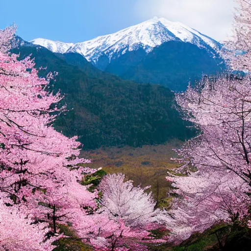 Image similar to forest and lakes with Sakura flowers with snow mountains at the background