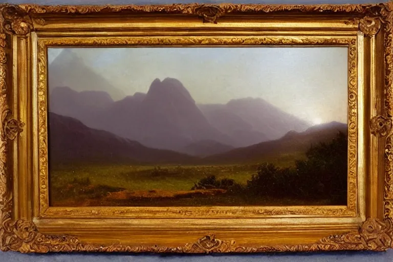 Image similar to a beautiful oil painting of a Scottish Highland landscape, evening light, by Albert Bierstadt, beautiful light, detailed, dramatic