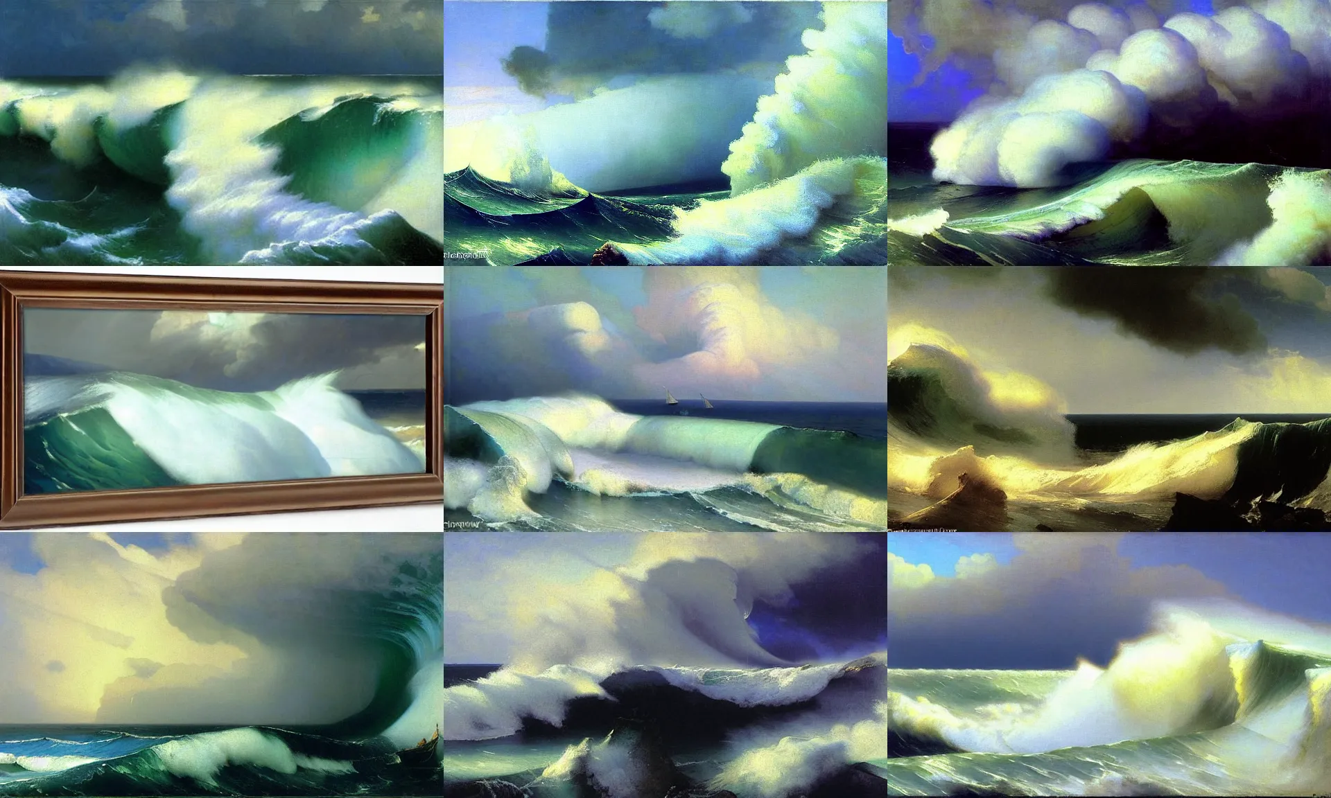 Prompt: big wave and foam, cliffs, stormy sky, cumulonimbus, realism, seascape artwork by frederick judd waugh and aivazovsky